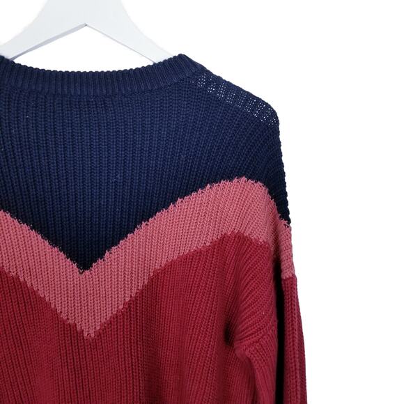 1.STATE Chevron Crewneck Sweater Berry Pink Navy 100% Cotton - Small - Picture 8 of 12